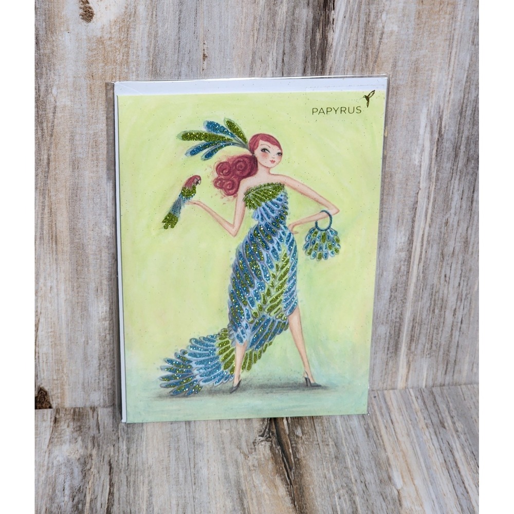 Bella Pilar Designed Papyrus Glittery Parrot & Dress Beaded Happy Birthday Card